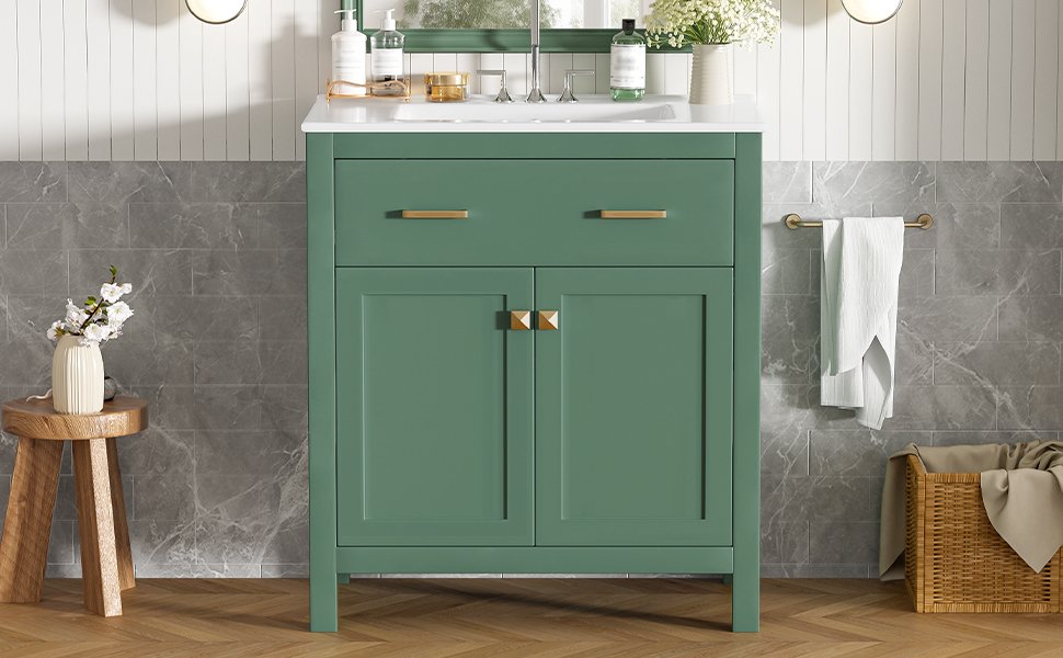 Bathroom Vanity With Ceramic Sink, Modern Single Bathroom Cabinet With 2 Doors And A Shelf, Soft Close Doors - Green - Image 31