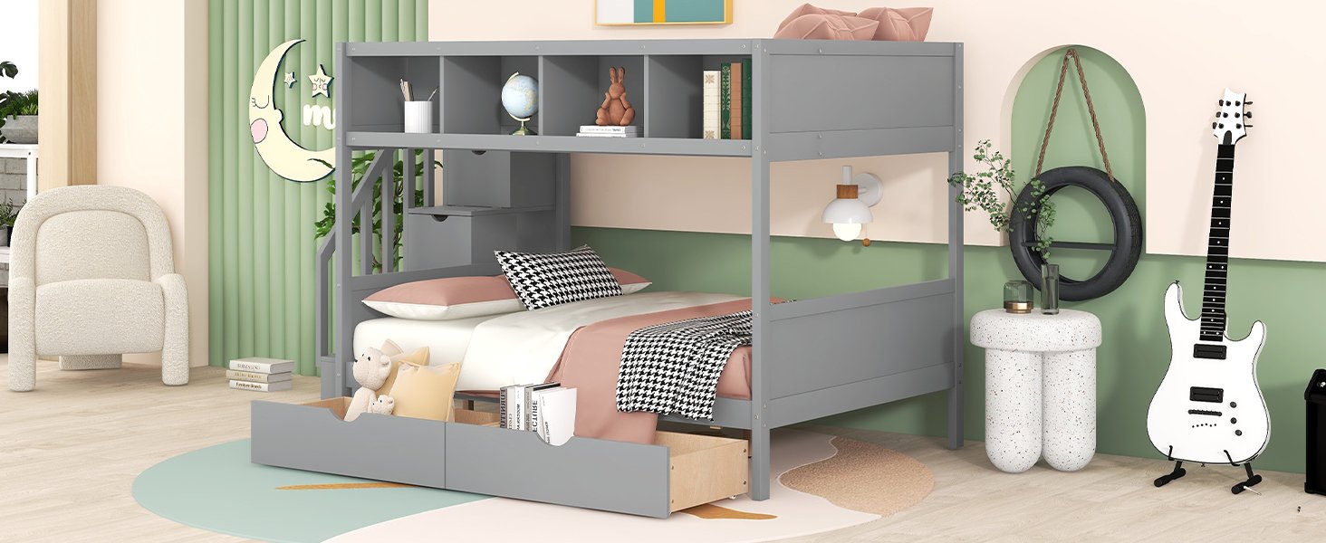 Twin Over Full Bunk Bed With Shelfs, Storage Staircase And 2 Drawers - Gray - Image 17
