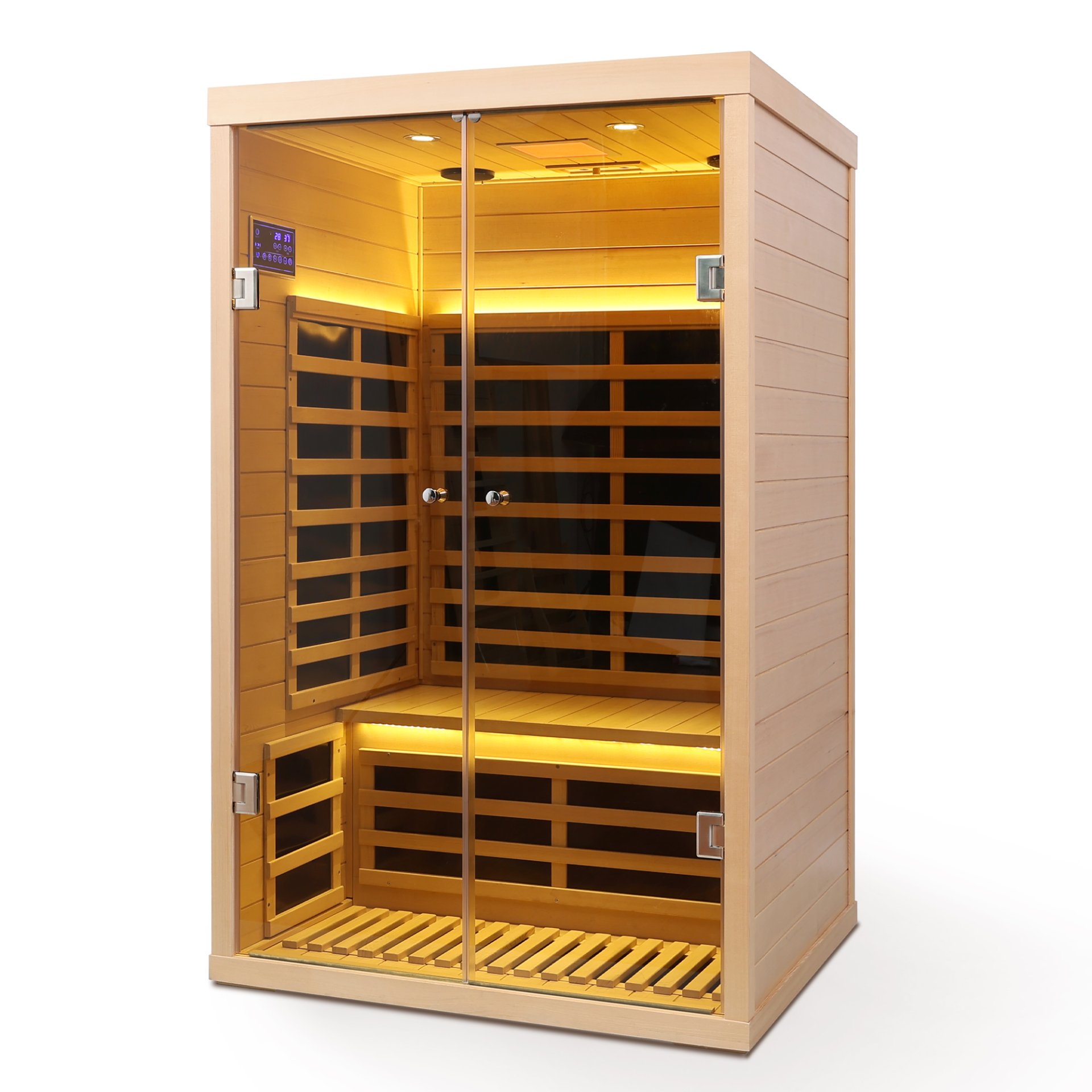 Low Emf 2 Person Wide Space Hemlock, Double Doors Great Glass Luxury Indoor Far Infrared Sauna Room - Natural Wood - Image 6