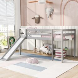 Twin Loft Bed With Slide, Multifunctional Design - Gray