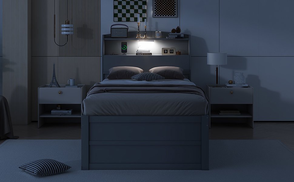 Twin Size LED Platform Bed With Trundle With Storage Headboard With Drawers - Gray - Image 18
