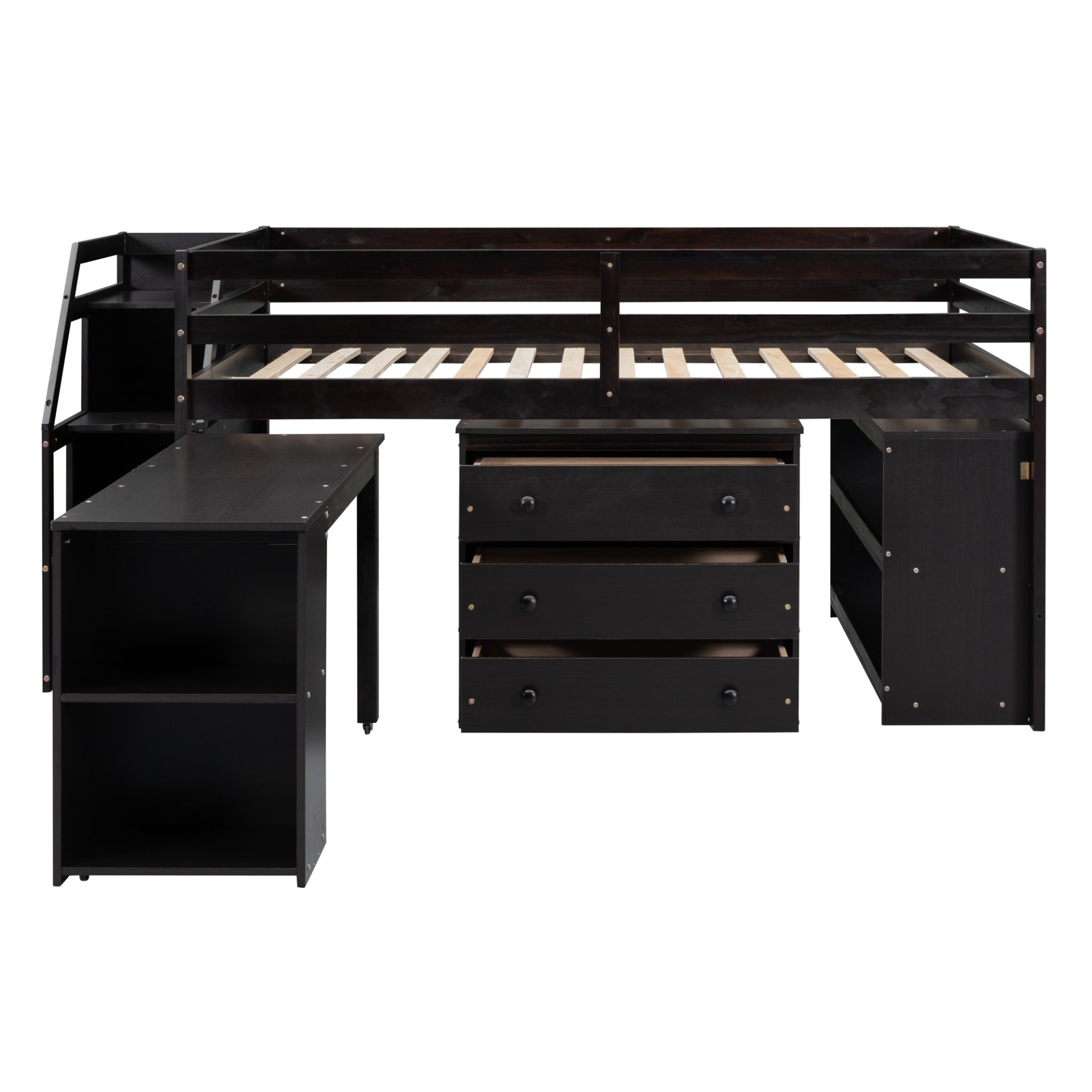 Full Size Loft Bed With Retractable Writing Desk And 3 Drawers With Storage Stairs And Shelves - Espresso - Image 3