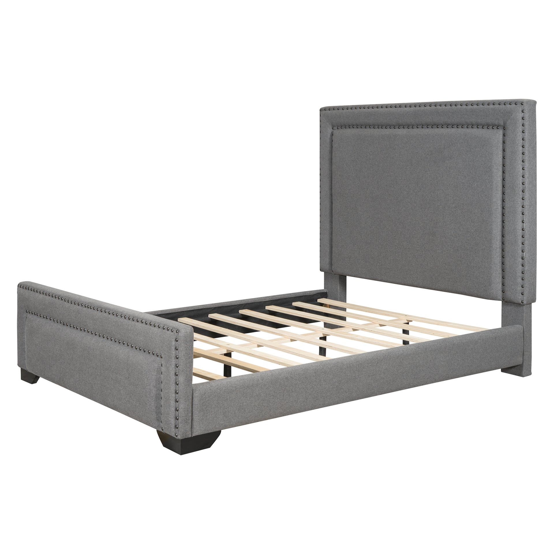 Queen Size Upholstered Bed With Slats Support, No Box Spring Needed - Gray - Image 4