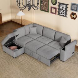 Sleeper Sectional Sofa, L-Shape Corner Couch Sofa - Bed With Storage Ottoman & Hidden Arm Storage & USB Charge For Living Room Apartment - Gray