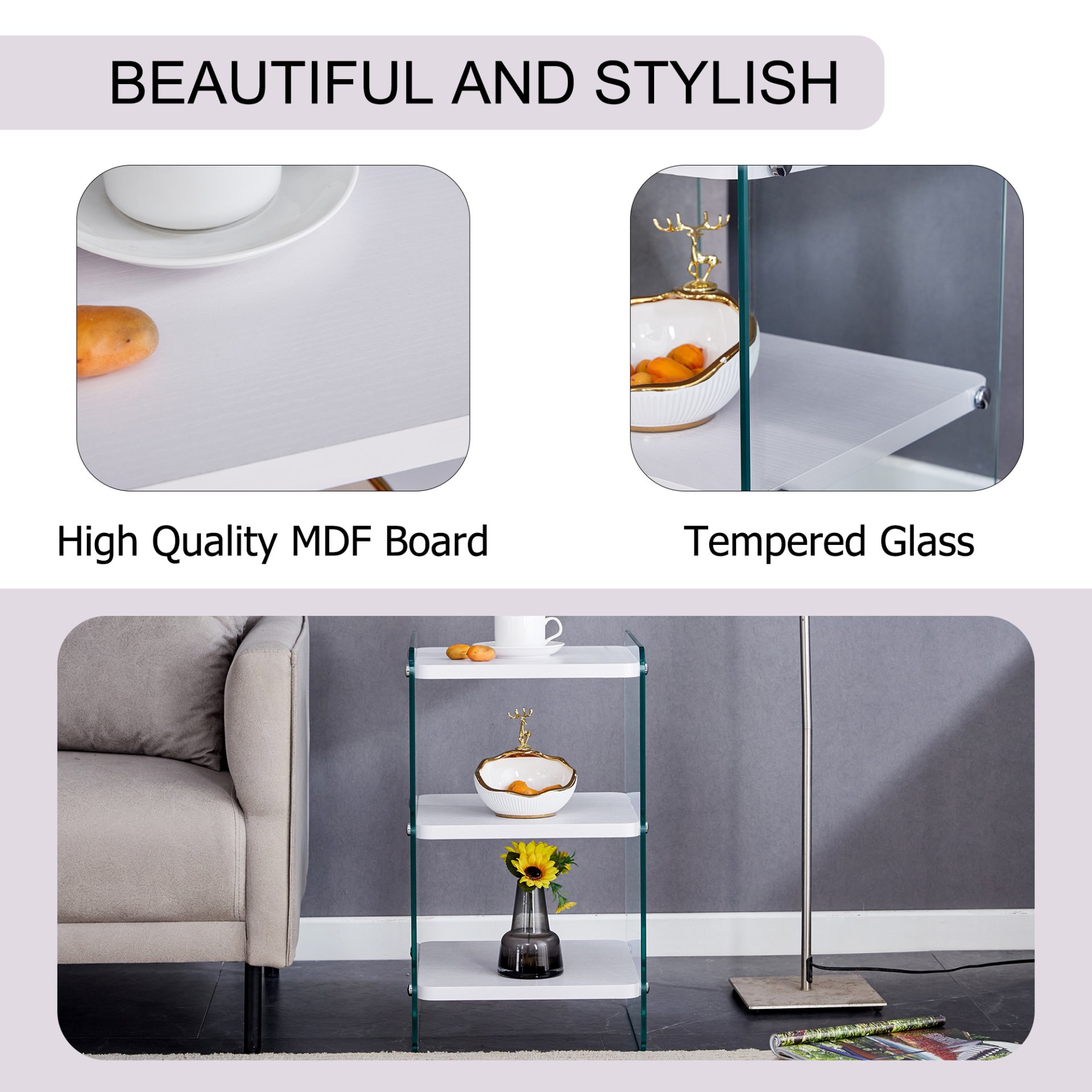 Simple Elegant Bedside Table With Storage Function And Tempered Glass - White - Image 6