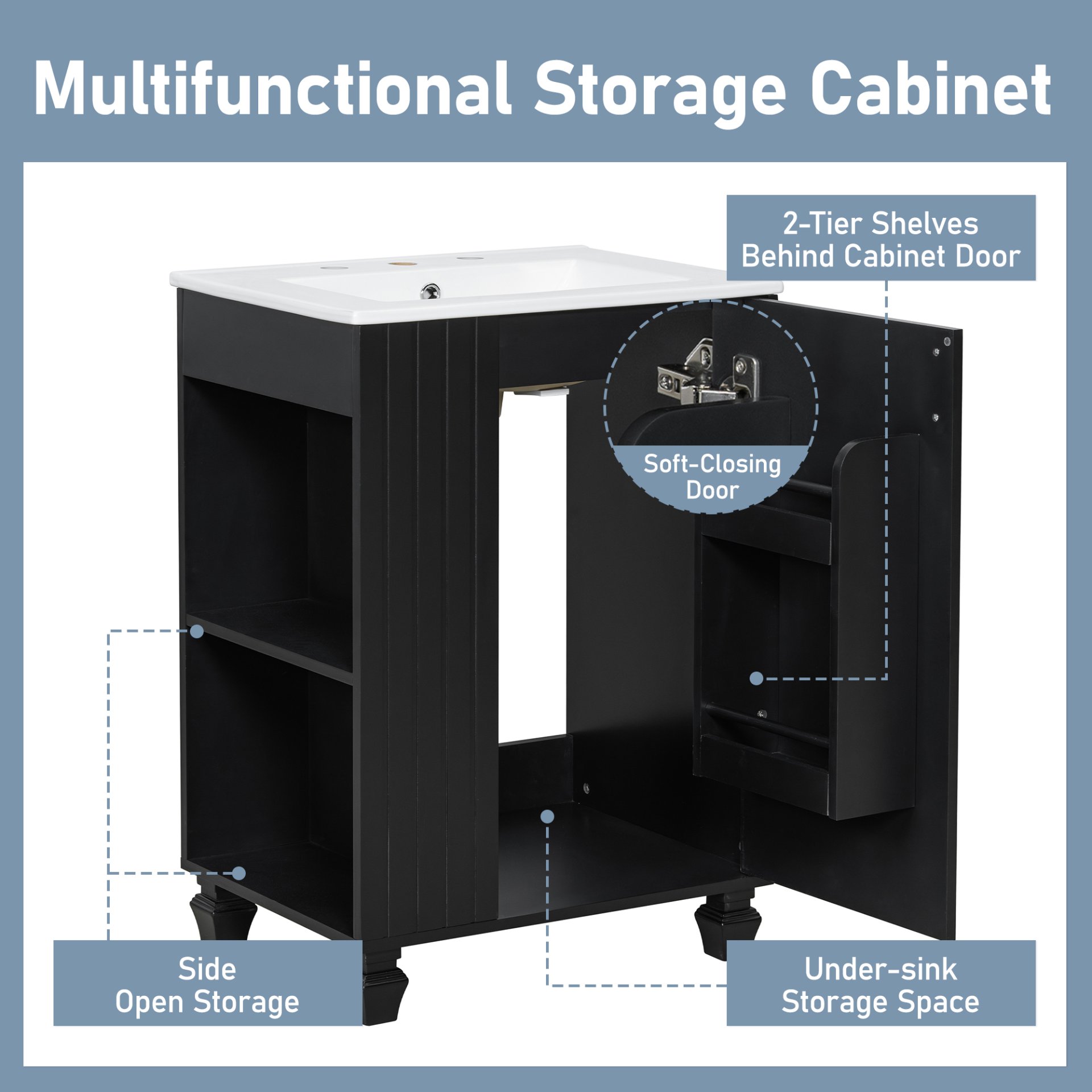 Classic Retro 24" Bathroom Vanity With Sink, Door Shelf, Side Open Storage Frame, Soft Closing Door - Black - Image 7