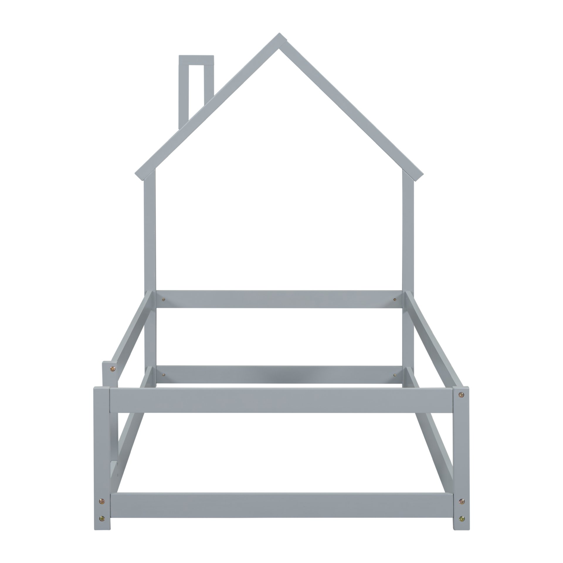 Twin Size Wood Bed With House-Shaped Headboard Floor Bed With Fences - Gray - Image 9