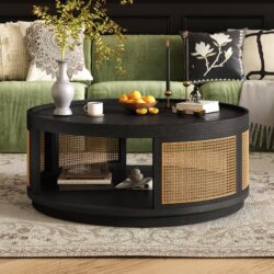 Wooden Mid-Century Modern Coffee Table, Round Cane Coffee Table With Side For Living Room - Dark Brown