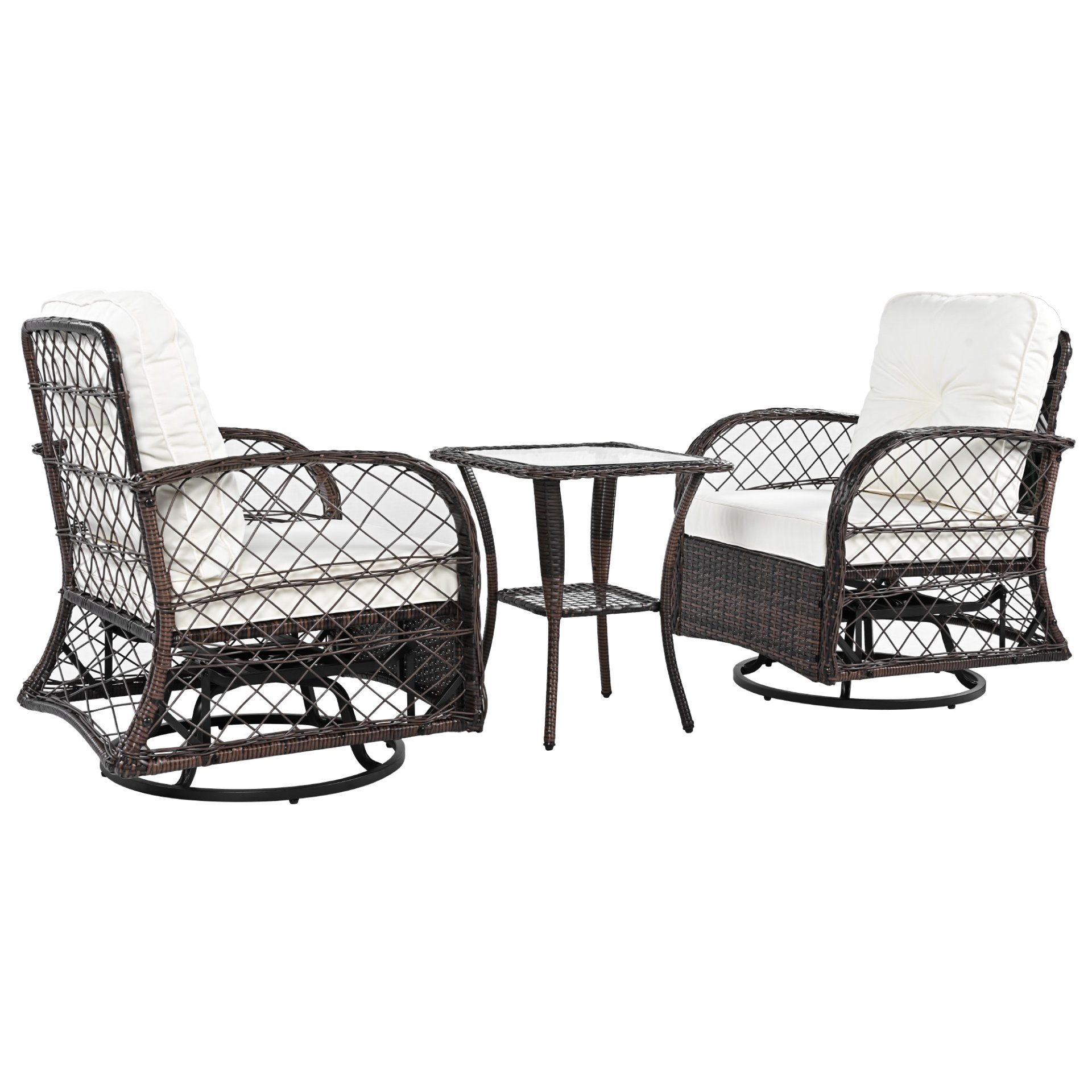 3 Piece Outdoor Chair & Table Set Chat Set 2 Person Rattan Seating Group With 2 Swiveling And Rocking Chairs And A Square Table For Garden, Patio, Or Balcony - Brown - Image 17