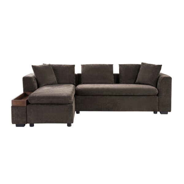 Elegant L Shaped Sectional Sofa With Chenille Upholstery And Wooden Storage Compartment - Brown