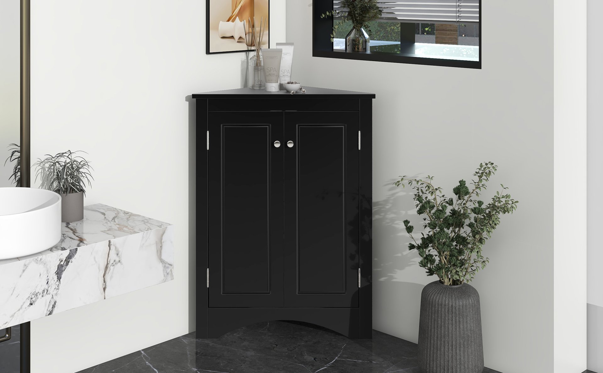 Triangle Bathroom Storage Cabinet With Adjustable Shelves, Freestanding Floor Cabinet For Home Kitchen - Black - Image 21
