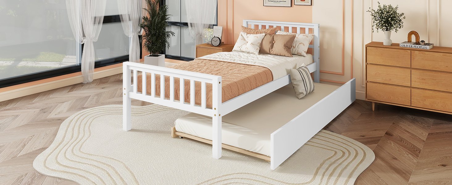 Twin Bed With Trundle, Platform Bed Frame With Headboard And Footboard, For Bedroom Small Living Space, No Box Spring Needed - White - Image 7