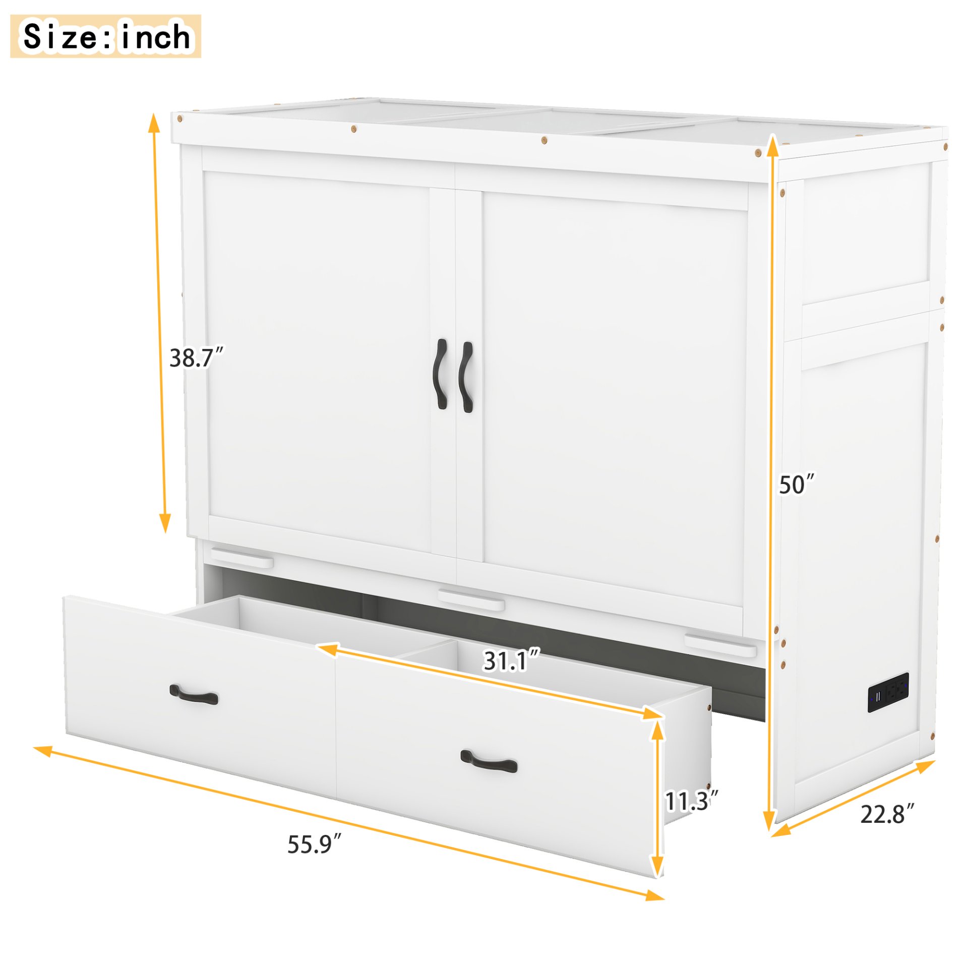 Full Size Murphy Bed With USB Port And A Large Drawer - White - Image 11