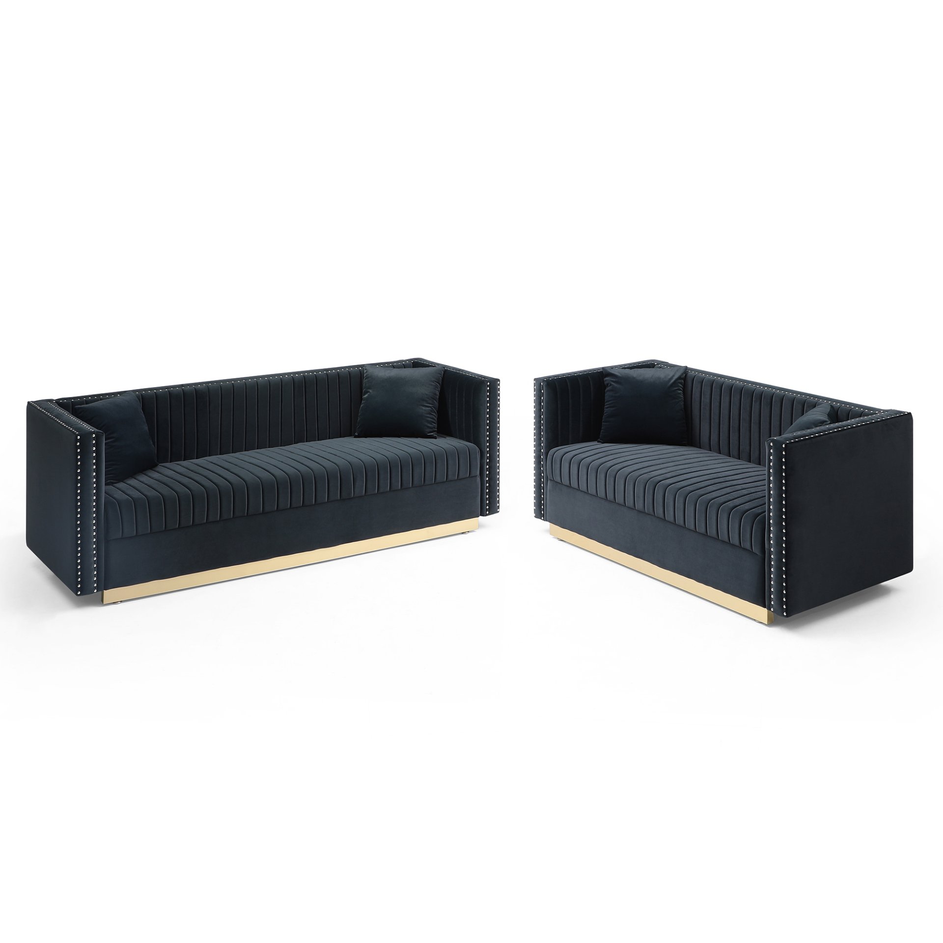 Contemporary Vertical Channel Tufted Velvet Sofa Loveseat Upholstered 2 Pieces Set With 4 Pillows - Black - Image 2