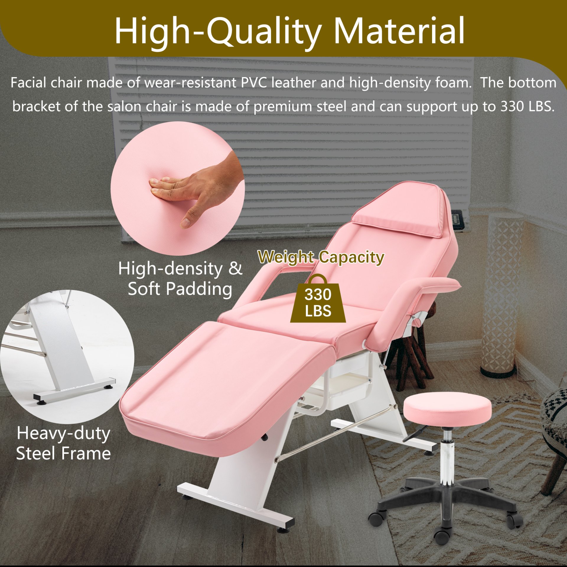 Massage Salon Tattoo Chair With Two Trays Esthetician Bed With Hydraulic Stool, Multi-Purpose 3-Section Facial Bed Table, Adjustable Beauty Barber Spa Beauty Equipment - Pink - Image 5
