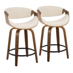 Curvini Mid-Century Modern Fixed Height Counter Stool With Swivel With Round Footrest (Set of 2) - Walnut / Cream