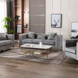 Lorreto - Velvet Fabric Sofa, Loveseat, Chair Living Room (Set of 3) - Gray