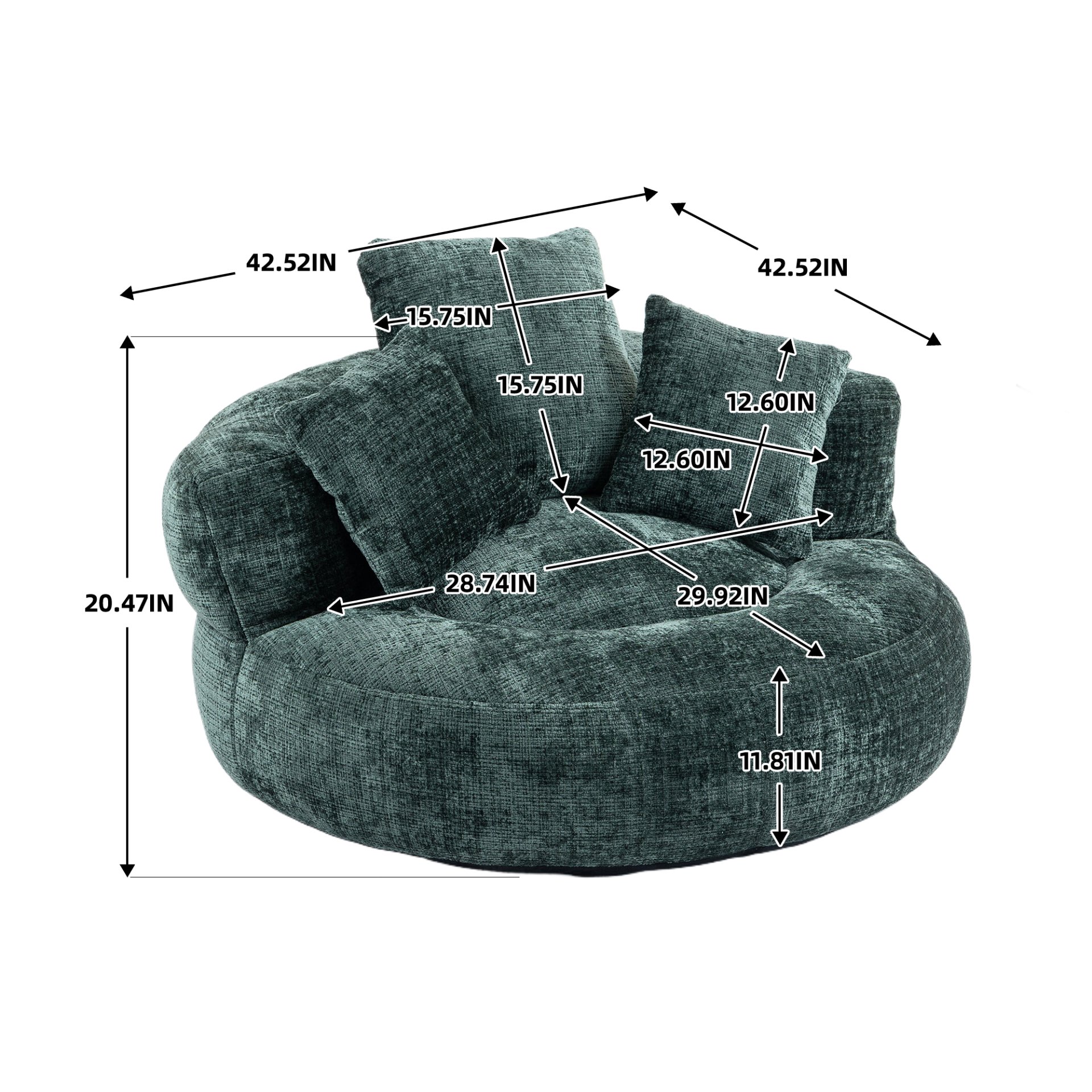 Chenille High Back Bean Bag Chair Couch With 3 Pillows, Indoor & Outdoor, Single Gaming Sofa For Bedroom - Emerald - Image 3