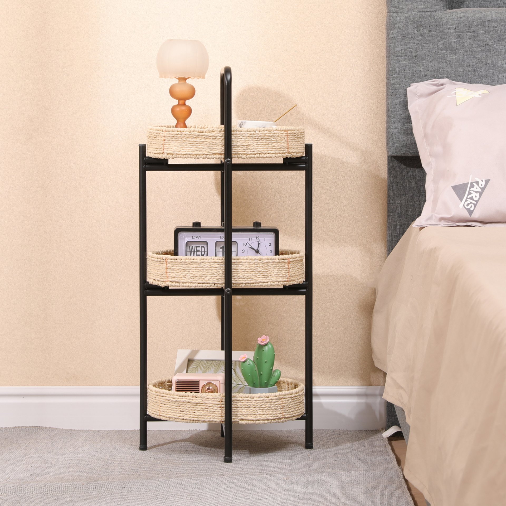 Farmhouse Style 3 Tiers Tray Tables Paper Rope Woven Side Table With Oval Storage Basket - Natural - Image 5