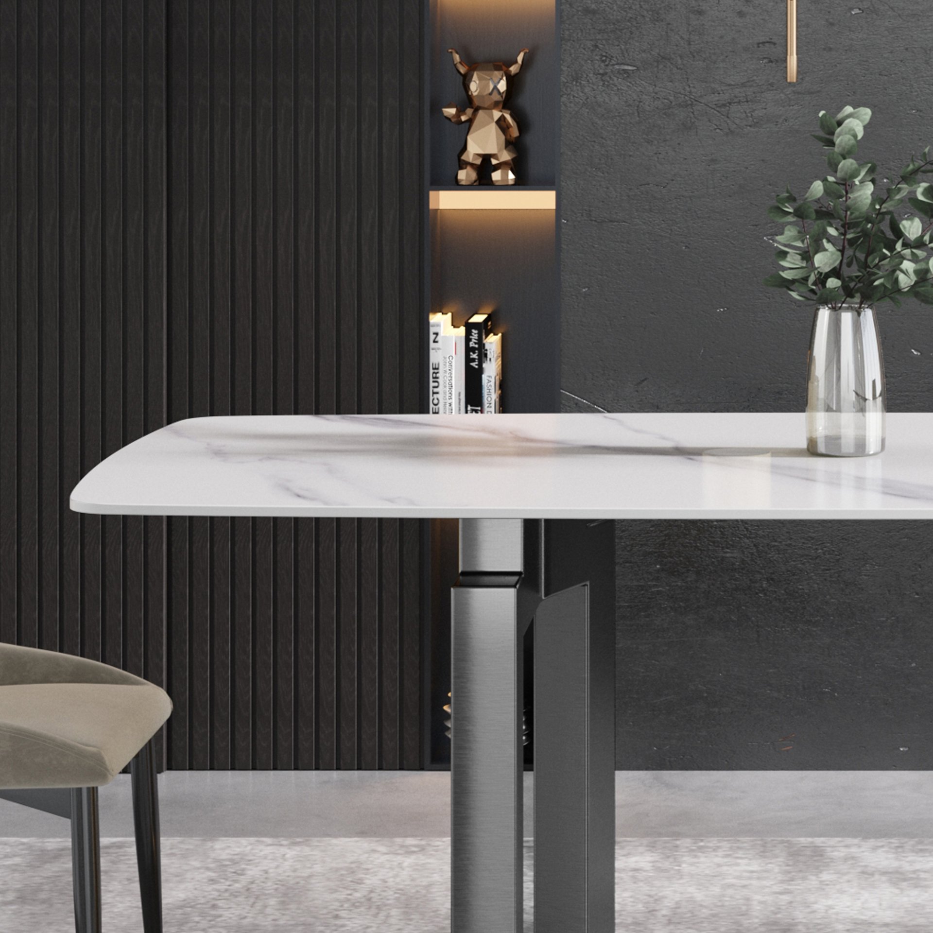 70.87" Modern Artificial Stone White Curved Black Metal Leg Dining Table - White / Black - Image 10