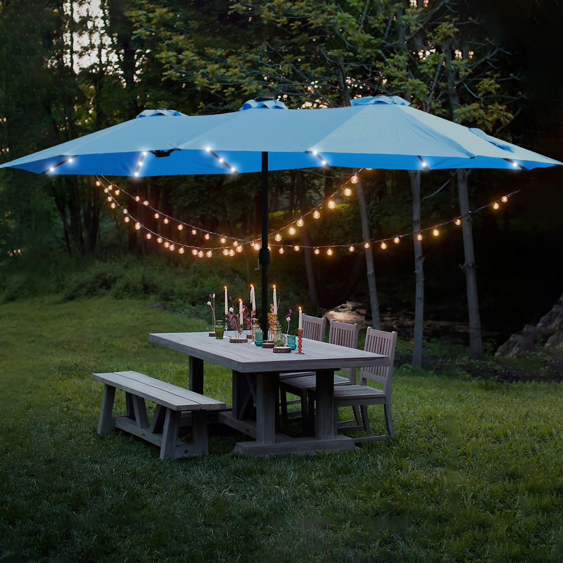 15 X 9 Ft Double Sided Outdoor Market Umbrella With Lights And Base Rectangular Twin Canopy - Blue - Image 24