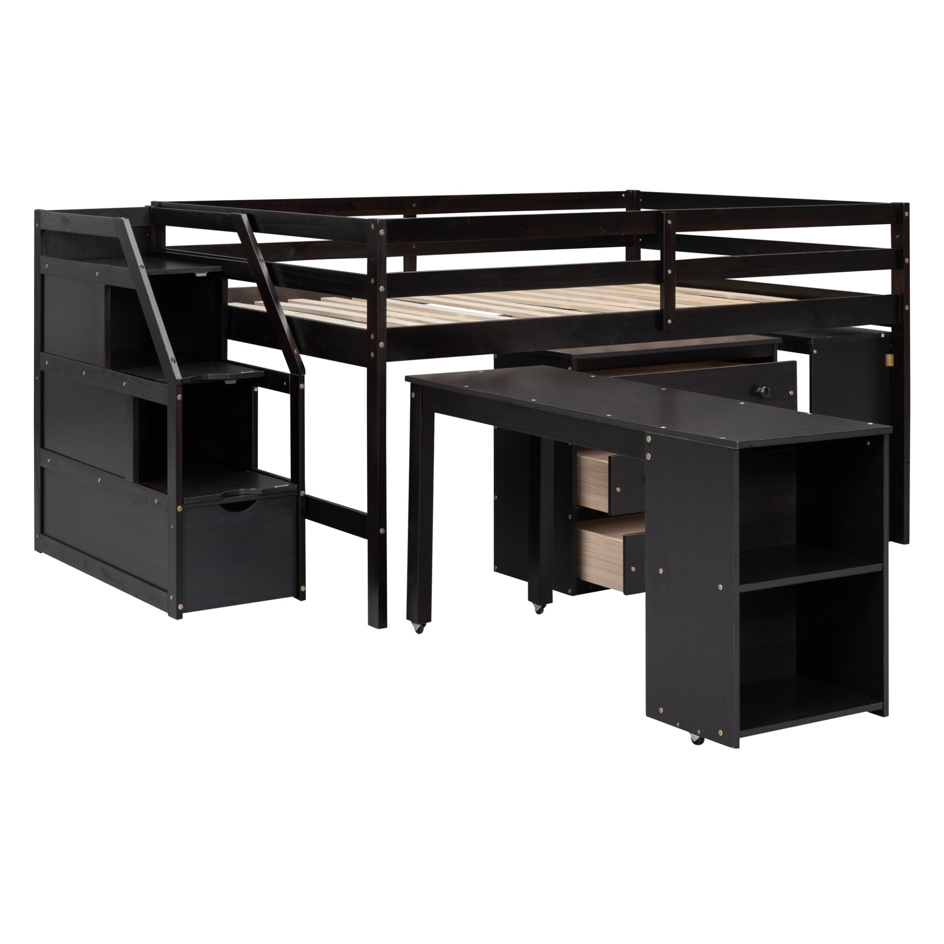 Full Size Loft Bed With Retractable Writing Desk And 3 Drawers With Storage Stairs And Shelves - Espresso - Image 19