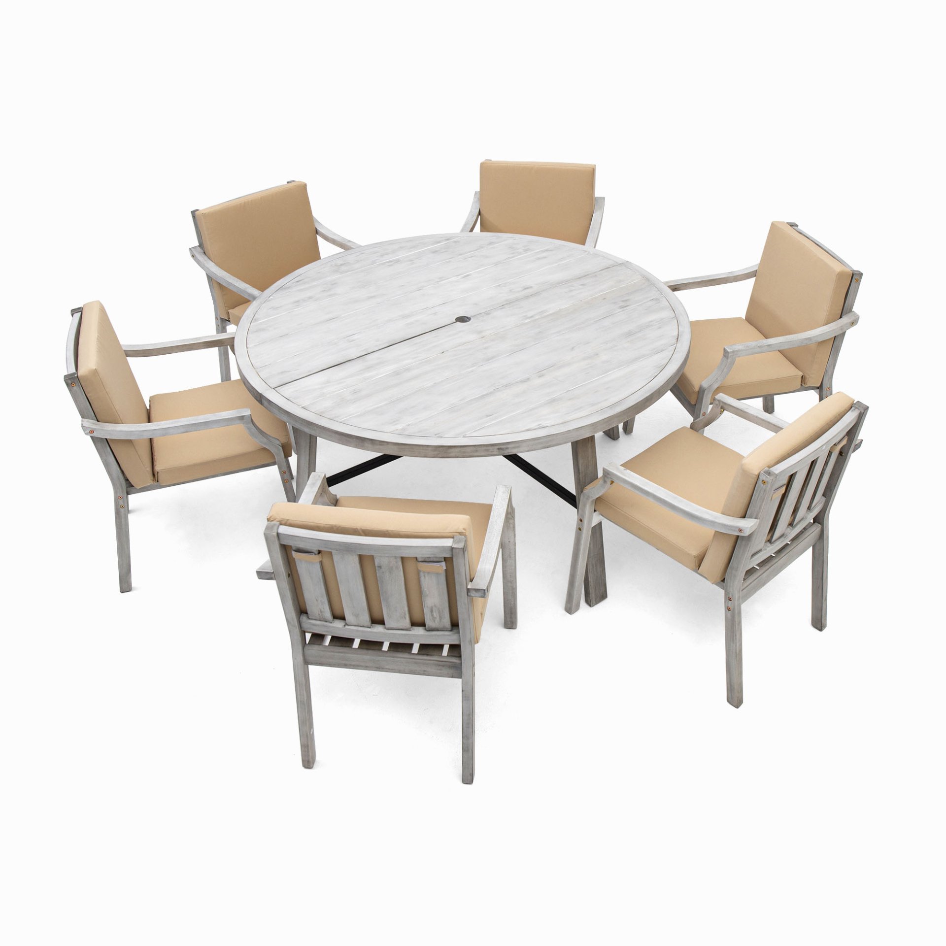 6 Person Outdoor Wooden Dining Set With Umbrella Hole And Removable Cushions For Patio - Gray - Image 8