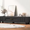 Modern TV Stand For TVs Up To 80", Entertainment Center With Glass Door, TV Storage Cabinet With Solid Wood Legs And Metal Handles For Living Room - Black - Image 4