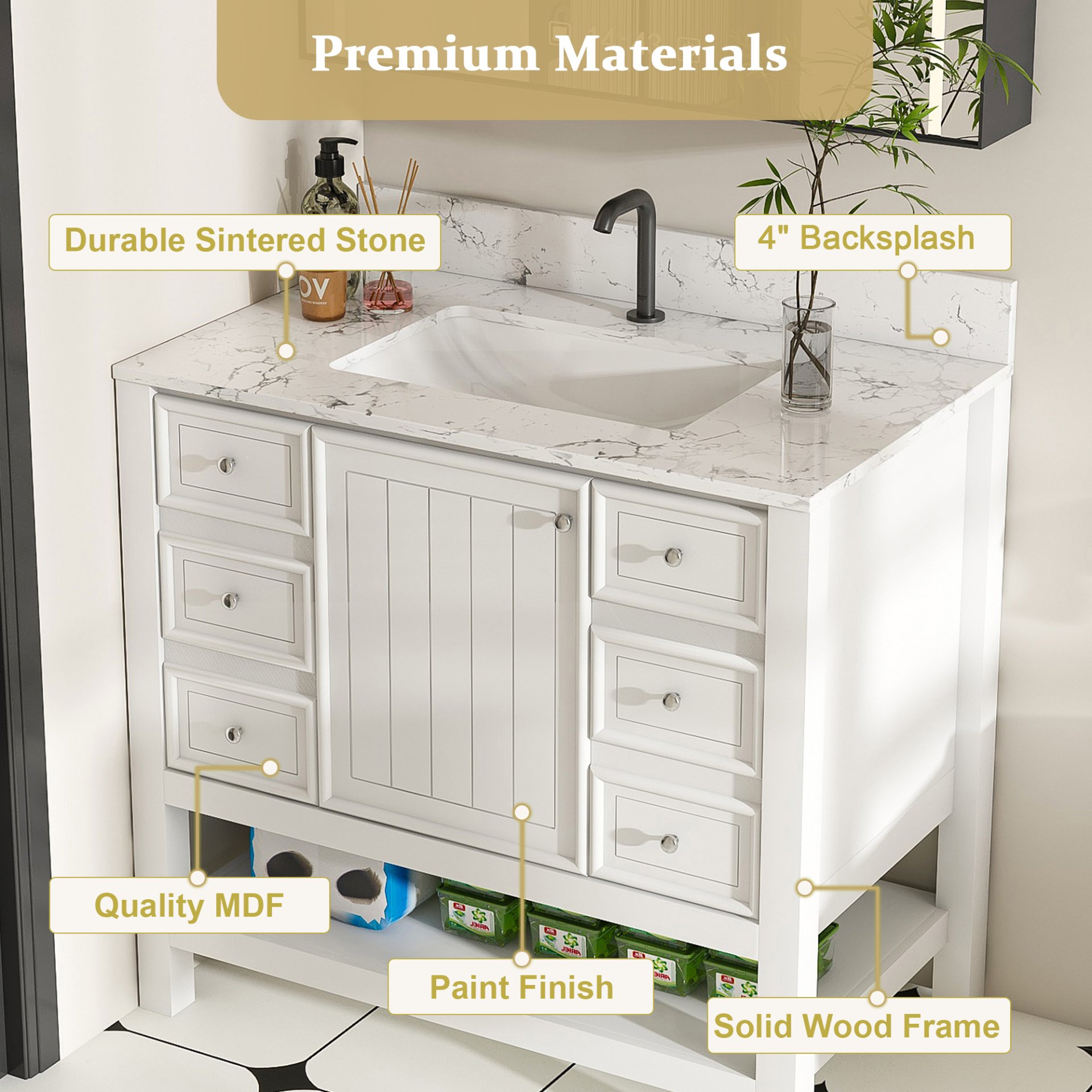 37" Bathroom Vanity, Multi Functional Cabinet With Doors And Drawers, Frame, Single Faucet Hole - White - Image 6