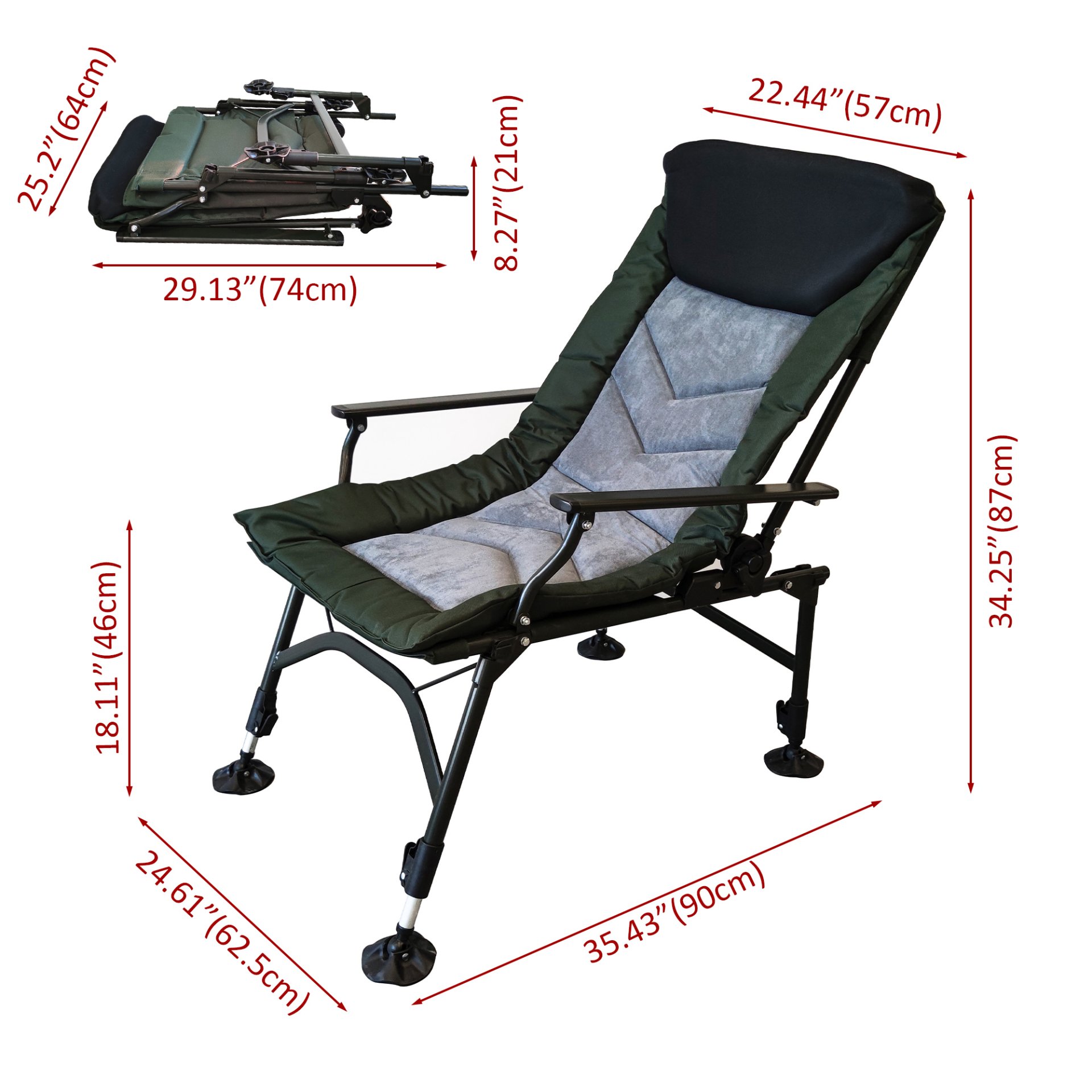 Camping Lounge Chair, Portable Folding Reclining Camping Chair With Adjustable Backrest For Indoor And Outdoor Camping Beach Hiking Fishing - Green / Black - Image 3