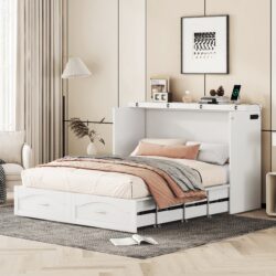 Queen Size Murphy Wall Bed With Drawer And A Set Of Sockets & USB Ports, Pulley Structure Design - White