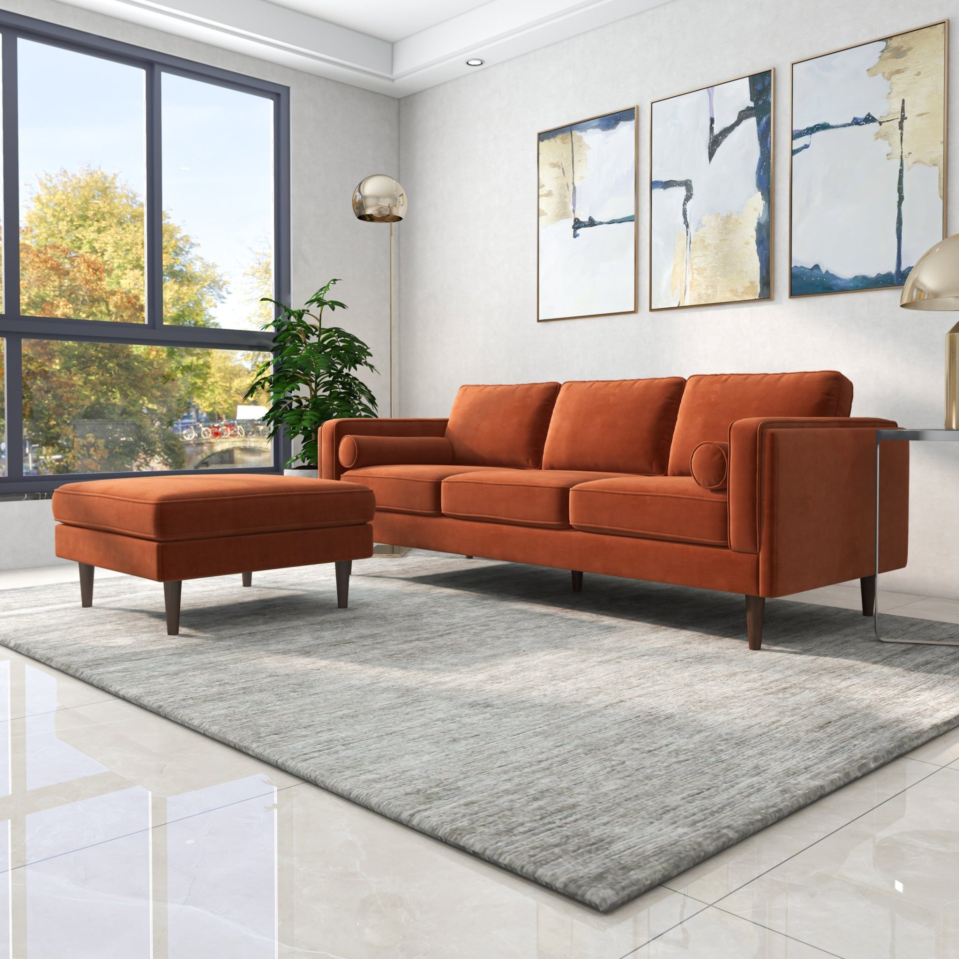Amber - Square Upholstered Ottoman Velvet - Burnt Orange - Image 7