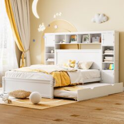 Queen Size Bed With All In One Cabinet, Shelf And Sockets, Twin Long Trundle - White