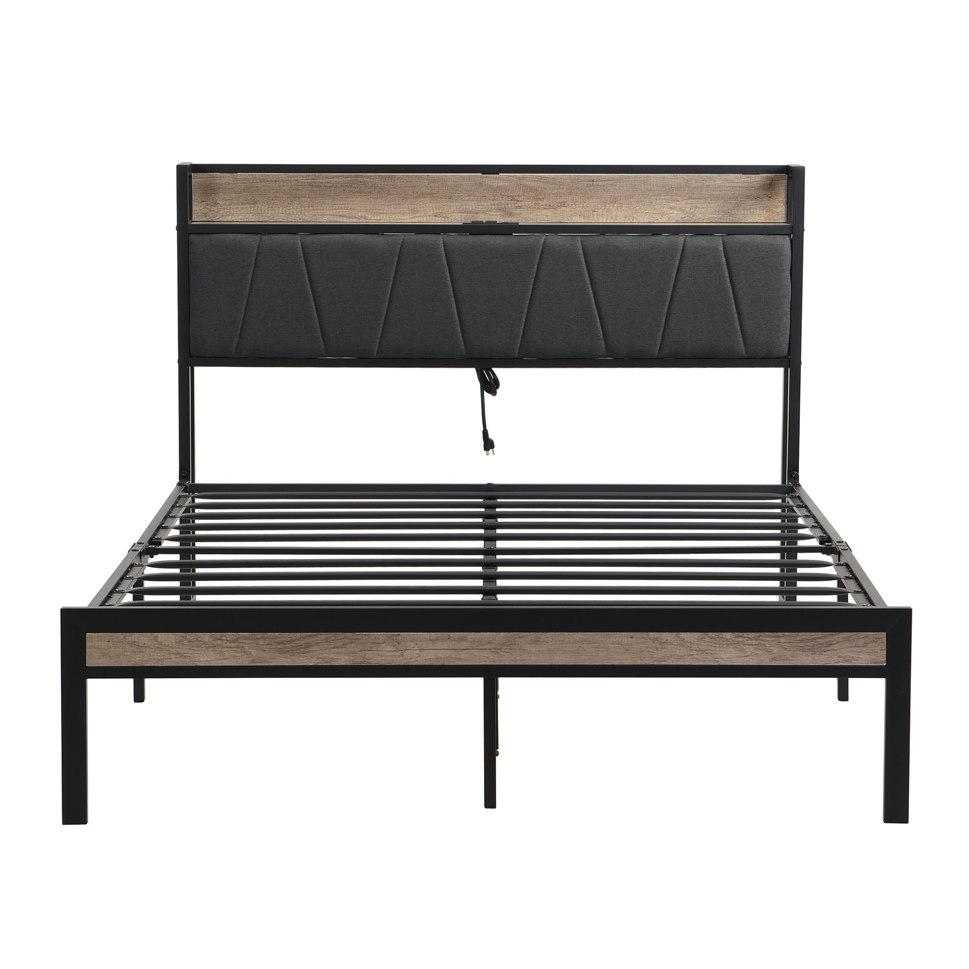 Modern Full Size Metal Platform Bed Frame With Upholstered Storage Headboard USB Ports And Footboard - Beige / Black - Image 6
