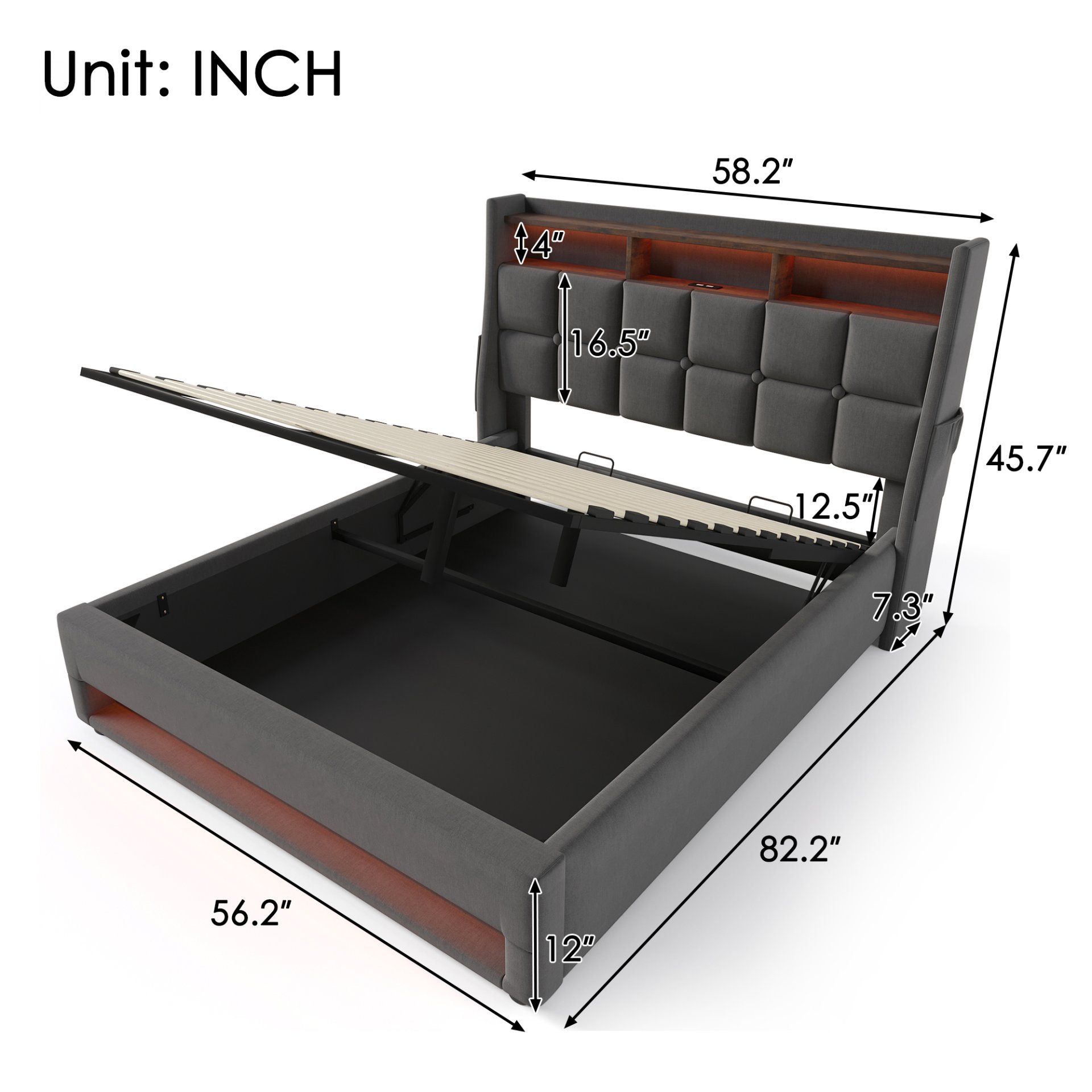 Full Size Upholstered Platform Bed With A Hydraulic Storage System, LED And USB Charging (Without Mattress) - Gray - Image 3