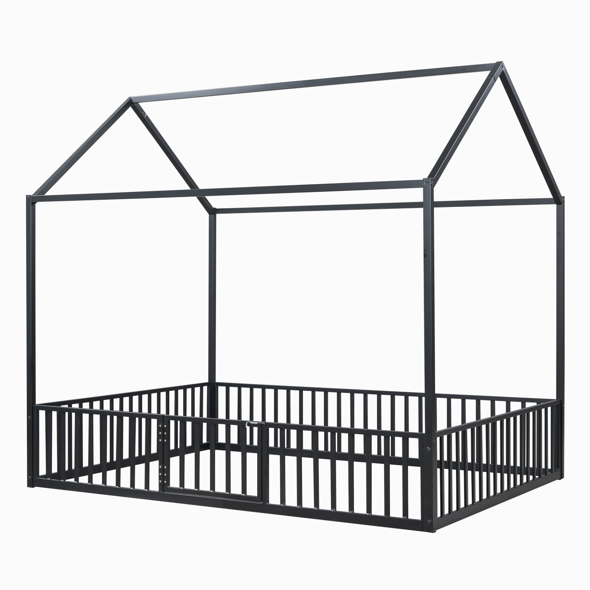 Full Size Metal House Bed With Fence And Door - Black - Image 14