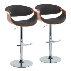 Curvo - Mid-Century Modern Adjustable Barstool With Swivel With Rounded T Footrest (Set of 2) - Chrome / Walnut / Charcoal