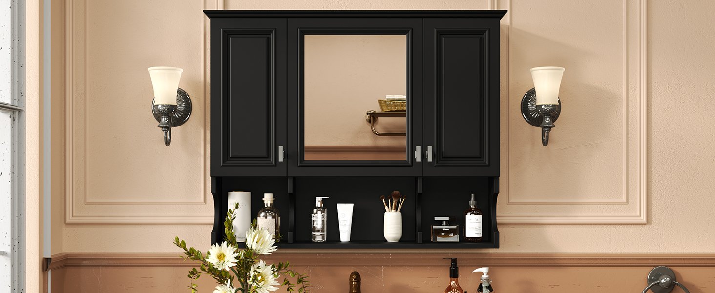 Wall Mounted Bathroom Medicine Cabinet, Modern Bathroom Wall Cabinet With Mirror, Mirror Cabinet With Open Shelves - Black - Image 25