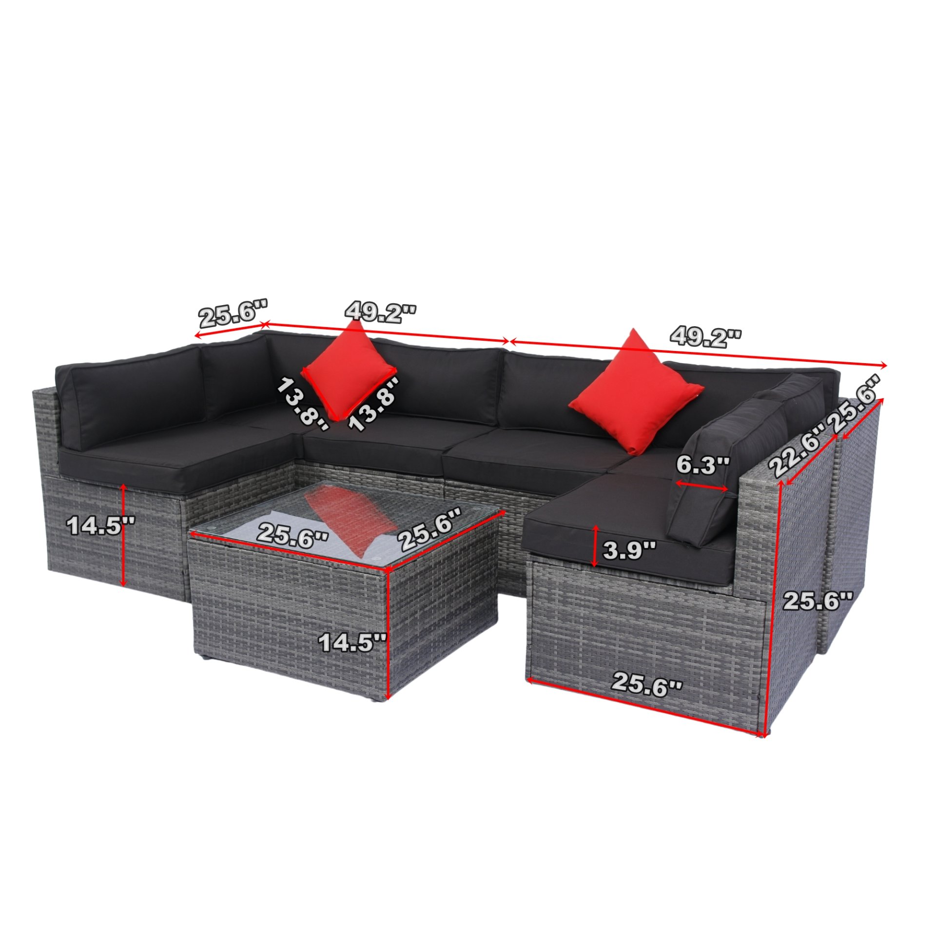 5 Pieces Rattan Sectional Outdoor Furniture Cushioned U Sof Set With 2 Pillow - Gray / Black - Image 3