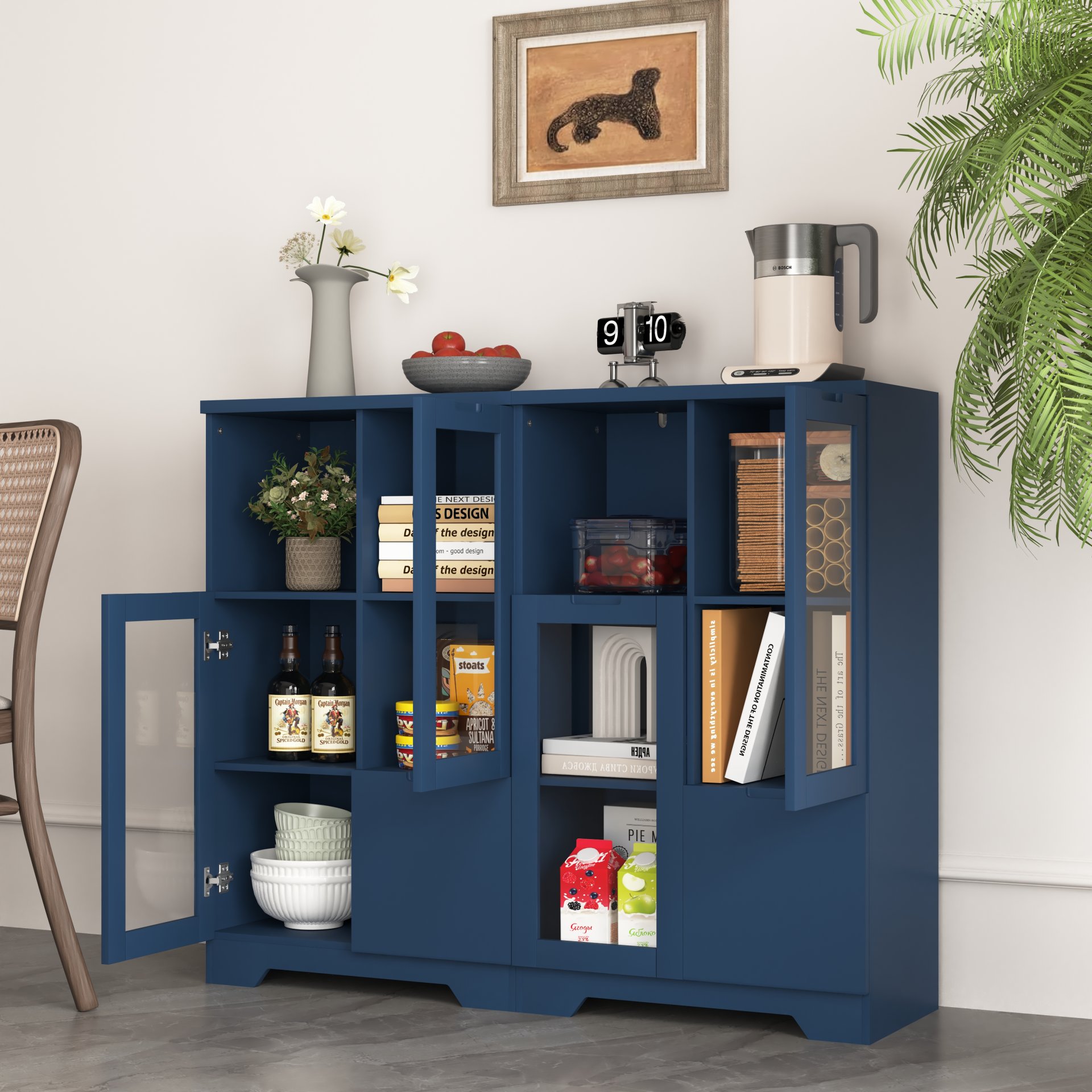 Painted Cabinet With Glass Doors, Drawer, And Open Storage Space For Bedroom And Living Room - Navy Blue - Image 8