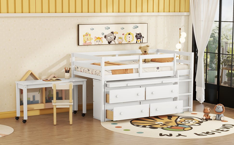 Twin Size Loft Bed With Retractable Writing Desk And 4 Drawers, With Lateral Portable Desk And Shelves - White - Image 20