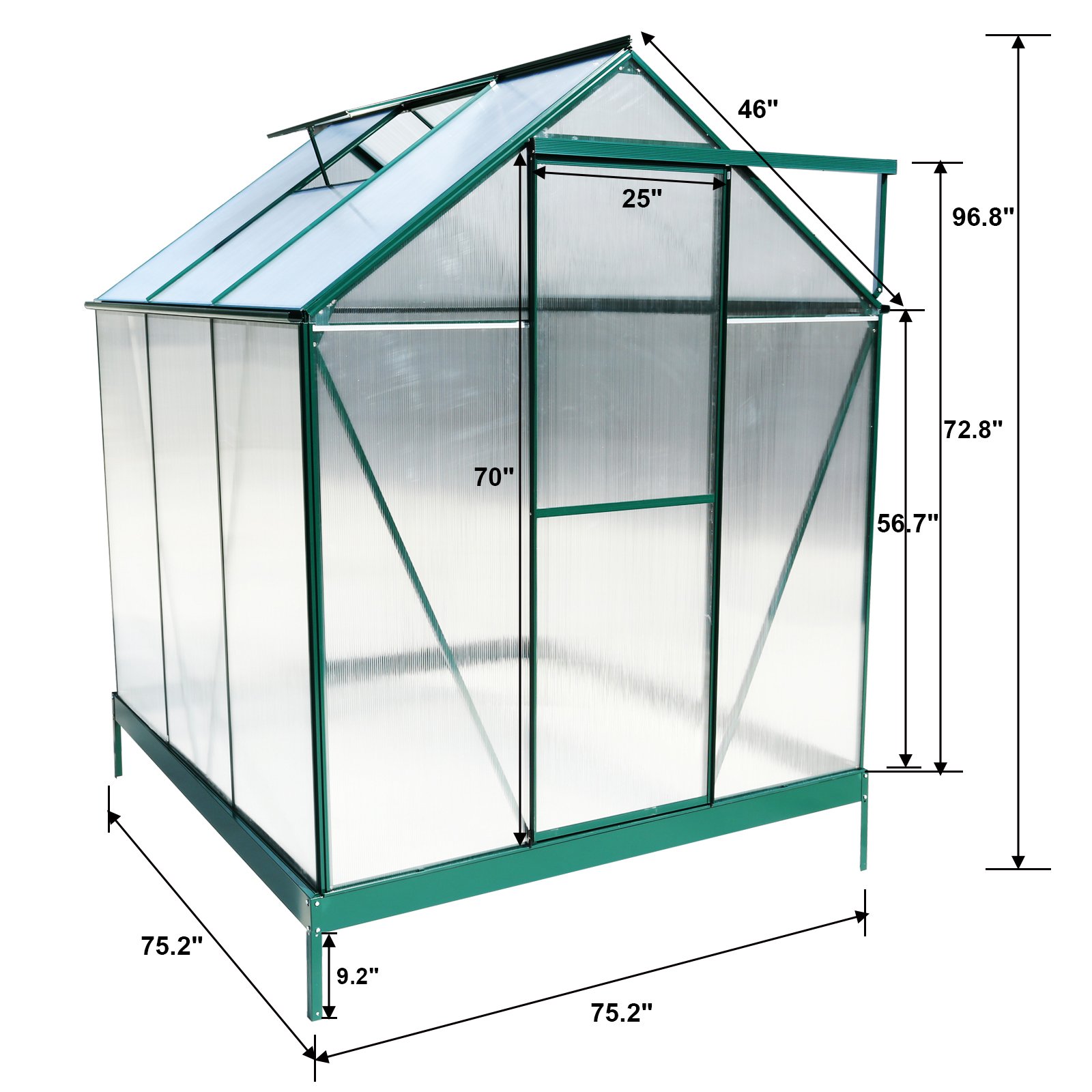 6.3'x6.2'x7' Polycarbonate Greenhouse, Heavy Duty Outdoor Aluminum Walk-In Green House Kit With Rain Gutter, Vent And Door For Backyard Garden - Green - Image 27