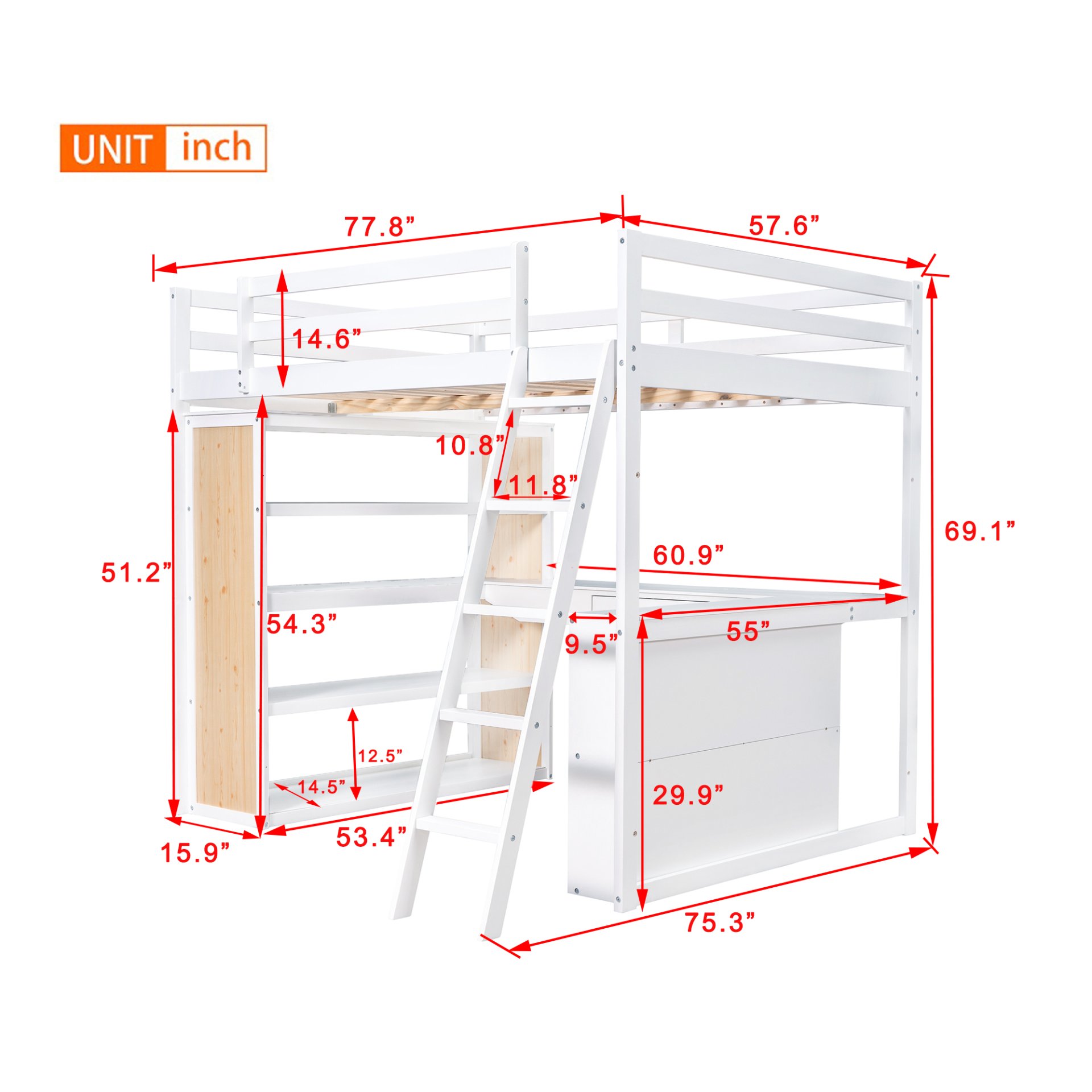 Full Size Loft Bed With Ladder, Shelves, And Desk - White - Image 12