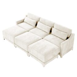 Elegant 3 Seater Sofa With Movable Ottomans Lumbar Pillow Wooden Base - Beige