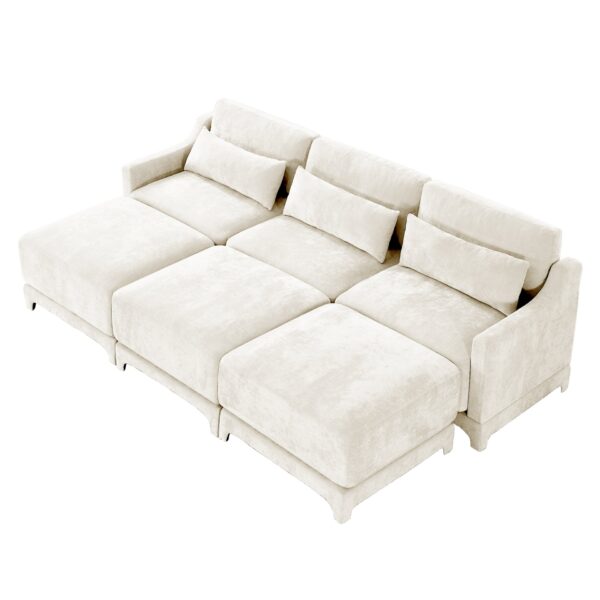 Elegant 3 Seater Sofa With Movable Ottomans Lumbar Pillow Wooden Base - Beige