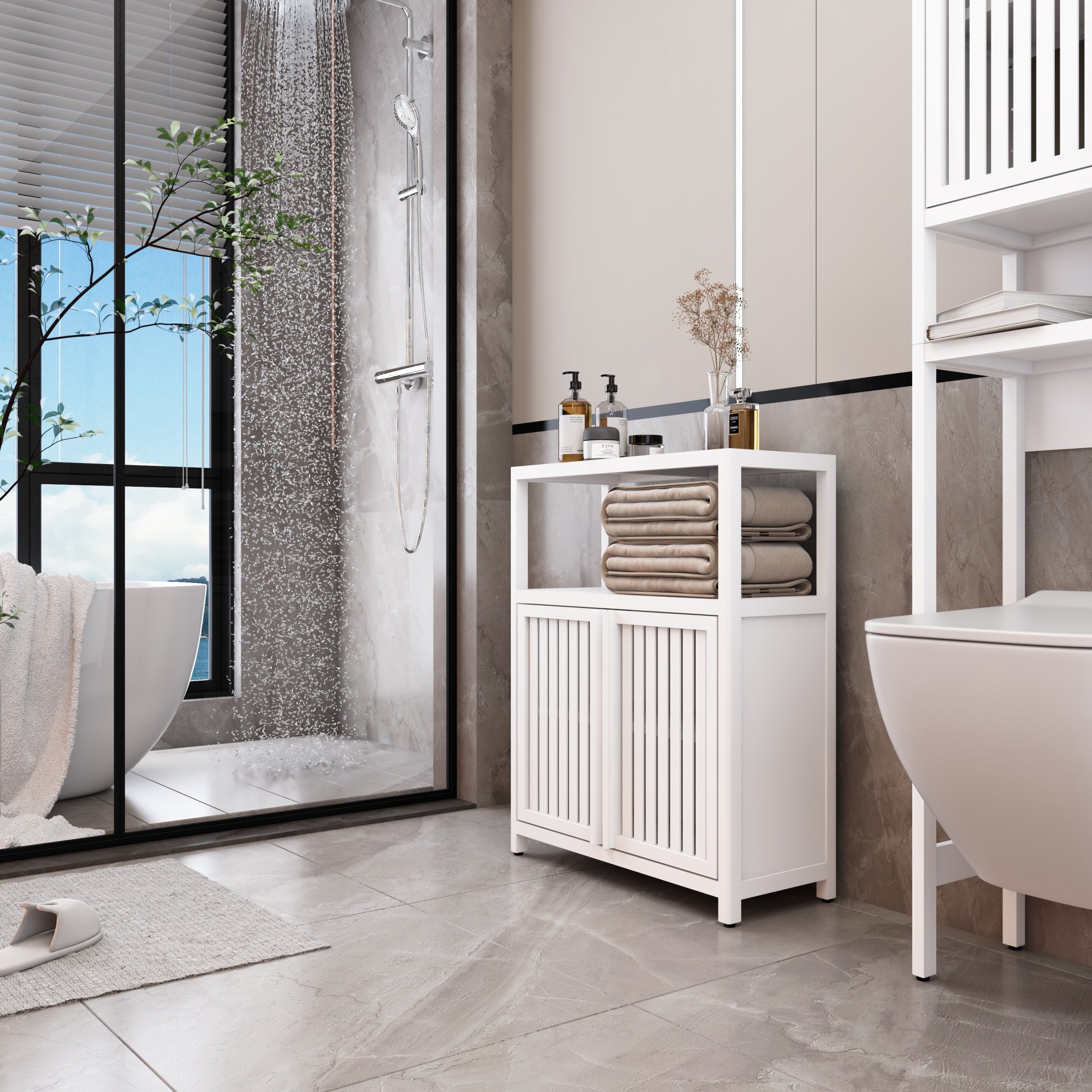 Bamboo Large Capacity Storage Cabinet With Shelves For Bathroom And Living Room - White - Image 4
