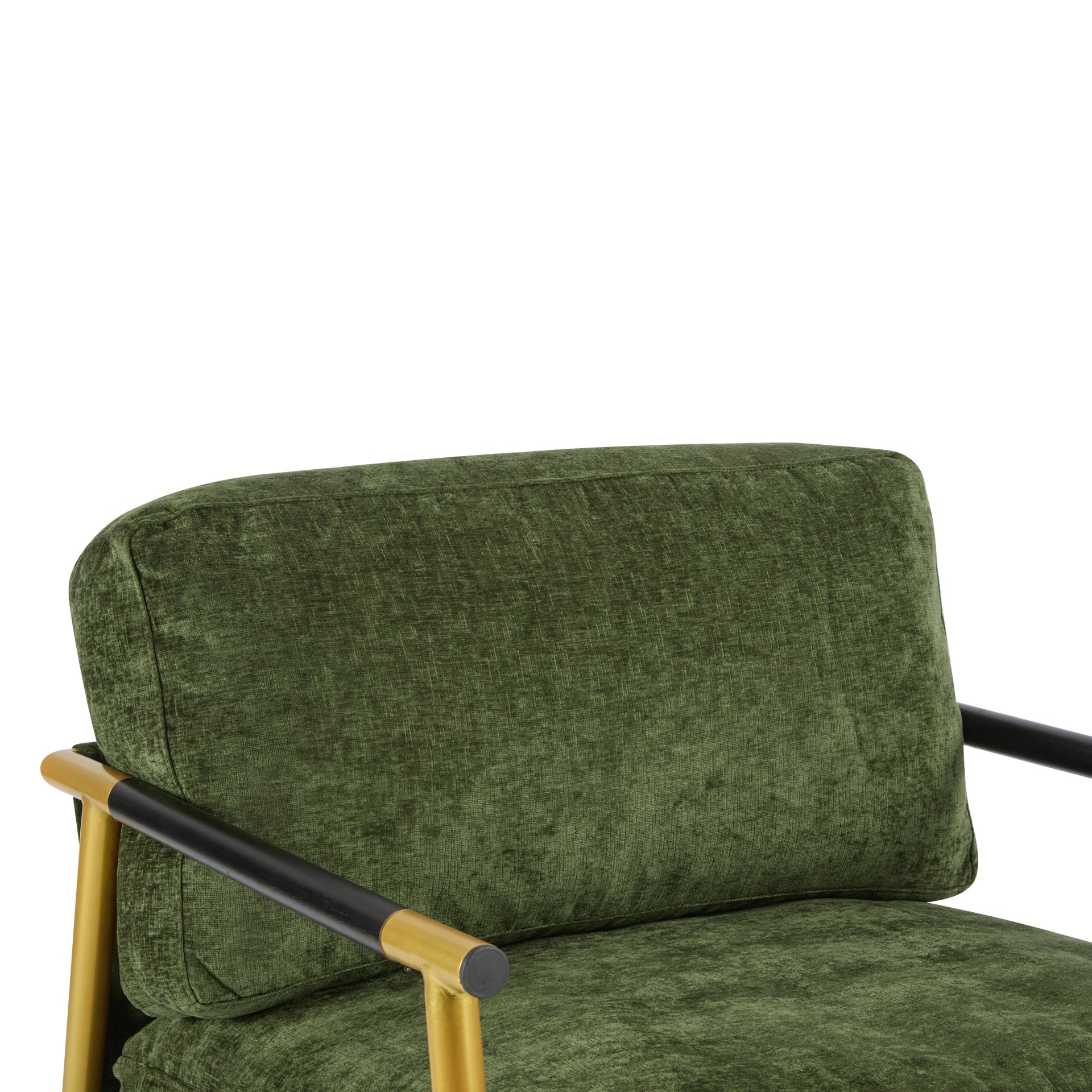 Modern Accent Chair With Plush Cushions, Minimalist Metal Frame, & Wooden Armrest Design - Gold / Green - Image 16