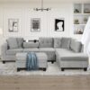 Modern Sectional Sofa With Storage Ottoman, L - Shape Couch With 2 Pillows And Cup Holders - Gray - Image 9