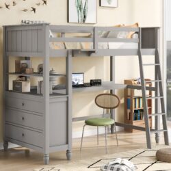 Twin Size Loft Bed With Drawers And Desk, With Shelves - Gray