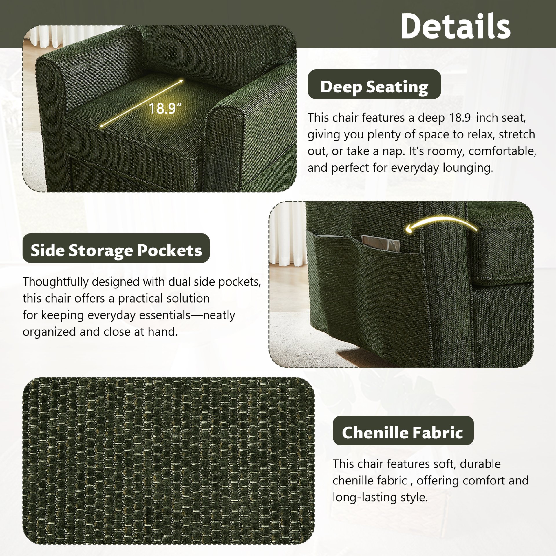 360° Swivel Chair Accent Barrel Armchair With Side Pockets, Chenille Upholstery, Compact Size - Green - Image 6